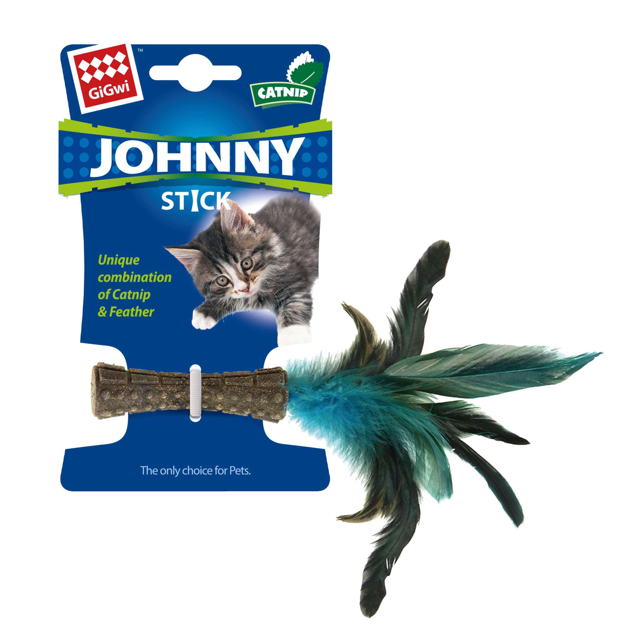 Johnny Stick pluma natural azul con hierba gatera GiGwi