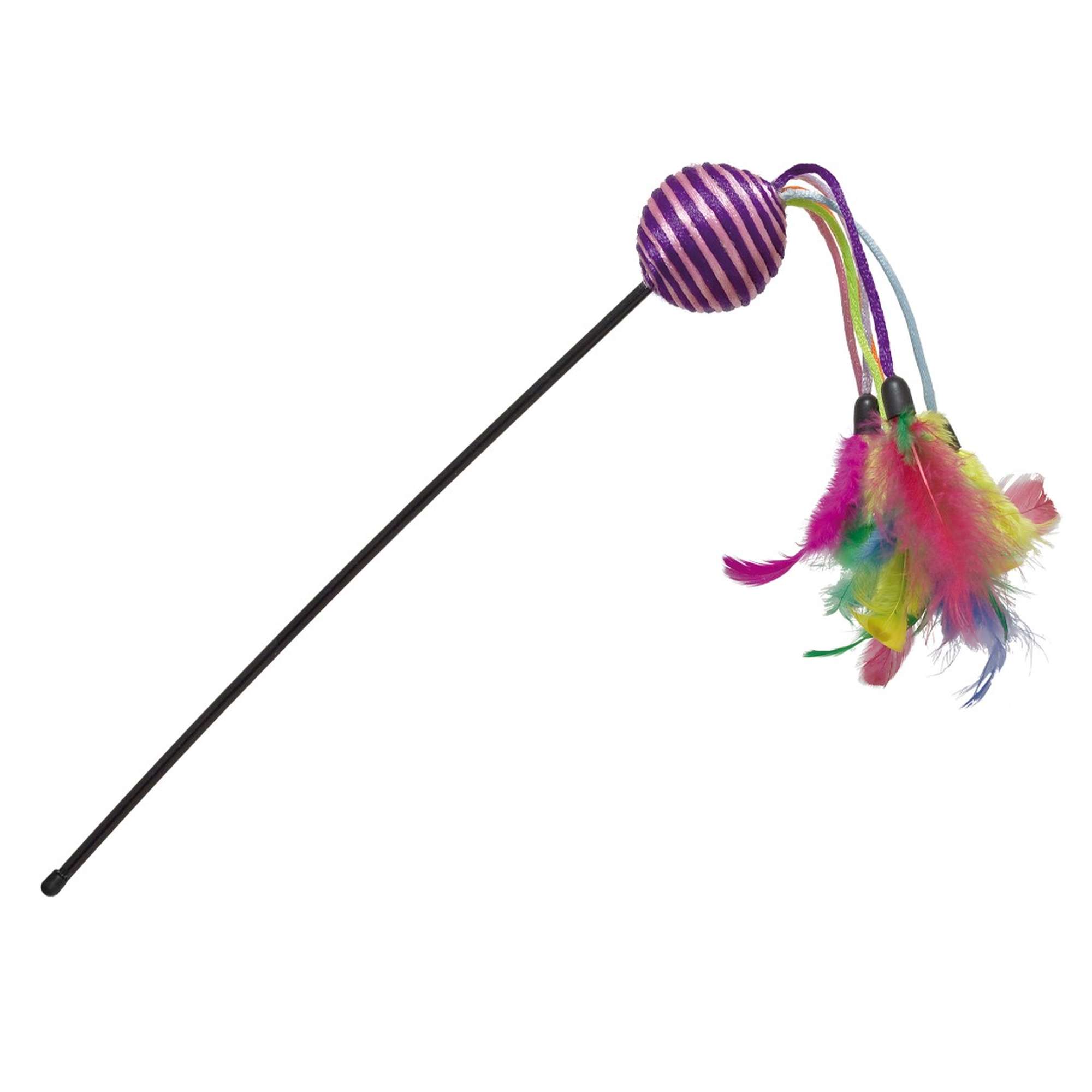 Juguete para gatos con varilla con bola y colas de plumas.