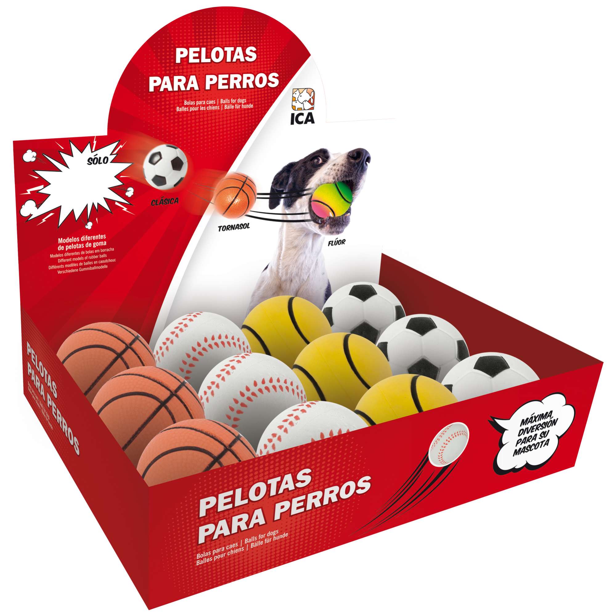 Expositor de pelotas clásicas para perros