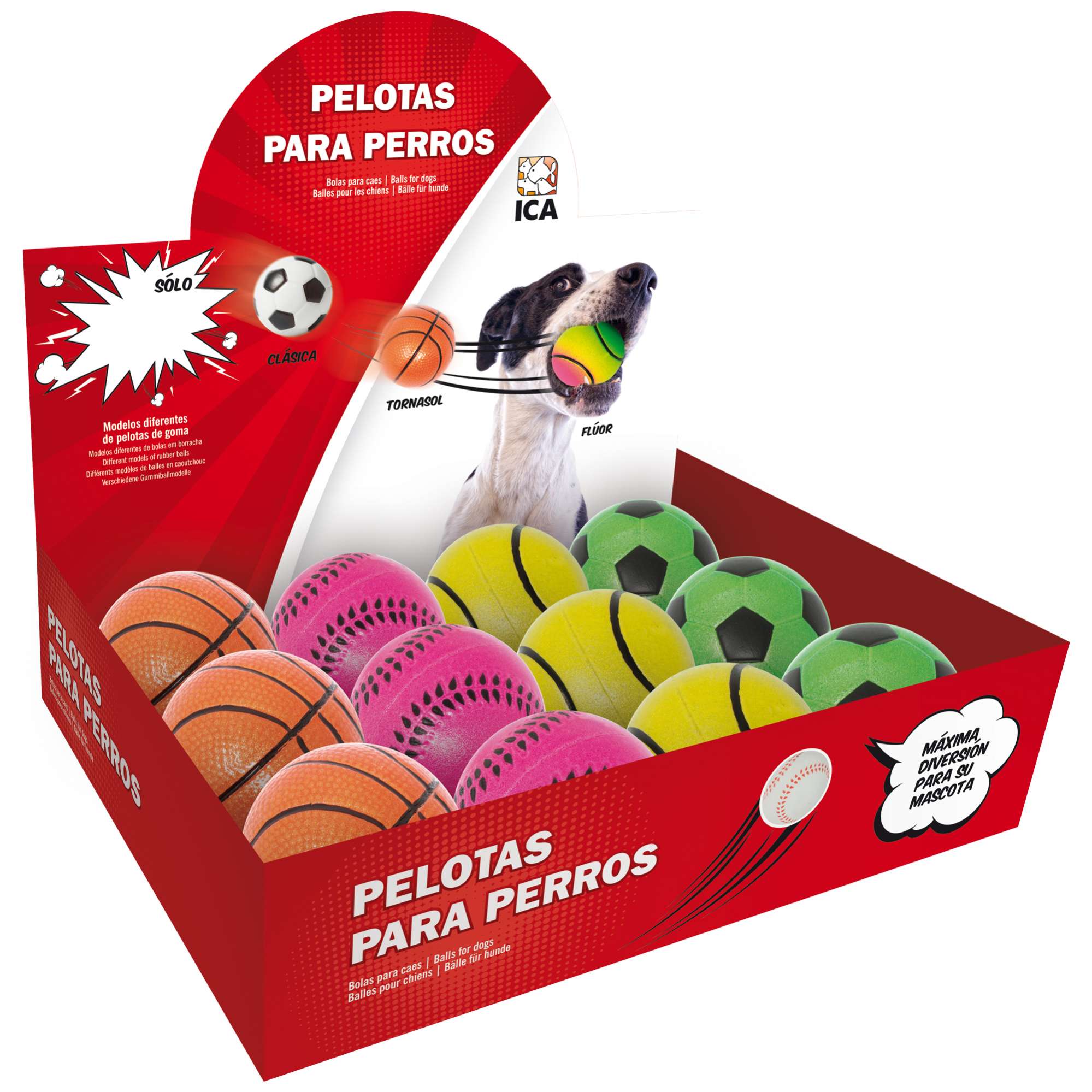 Expositor de pelotas tornasol para perros