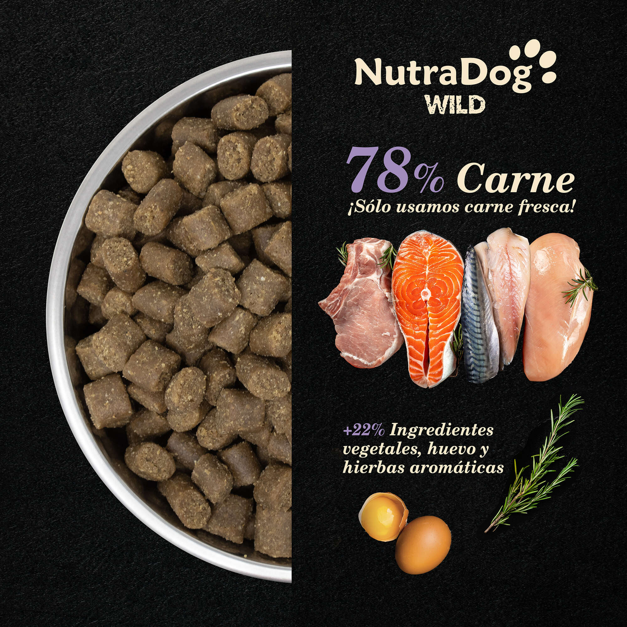 Alimento semihúmedo para cachorros pollo, cerdo y pescado 78% NutraDog WILD