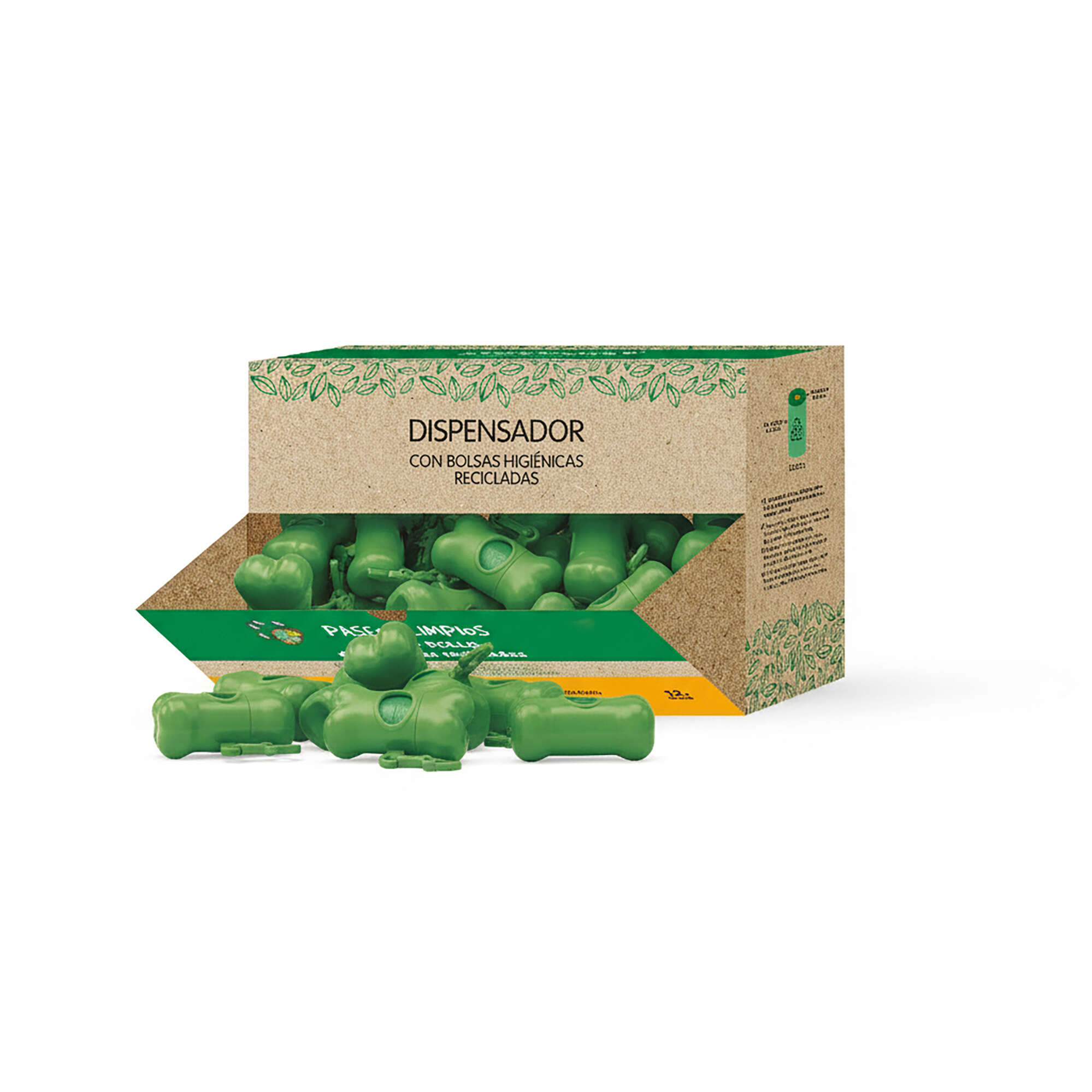 Expositor de dispensadores con bolsas higiénicas recicladas